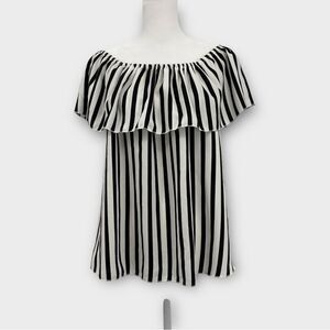 Catherine Malandrino Off The Shoulder Black and White Stripe Chiffon Blouse SZ S